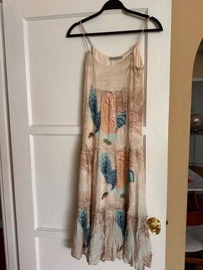 AllSaints Beige Maxi Dress with Blue & Orange Bird Motif